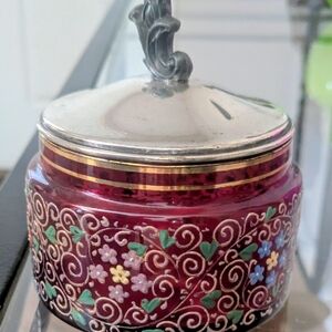 Decorative Floral Red Glass Jar with Silver Lid